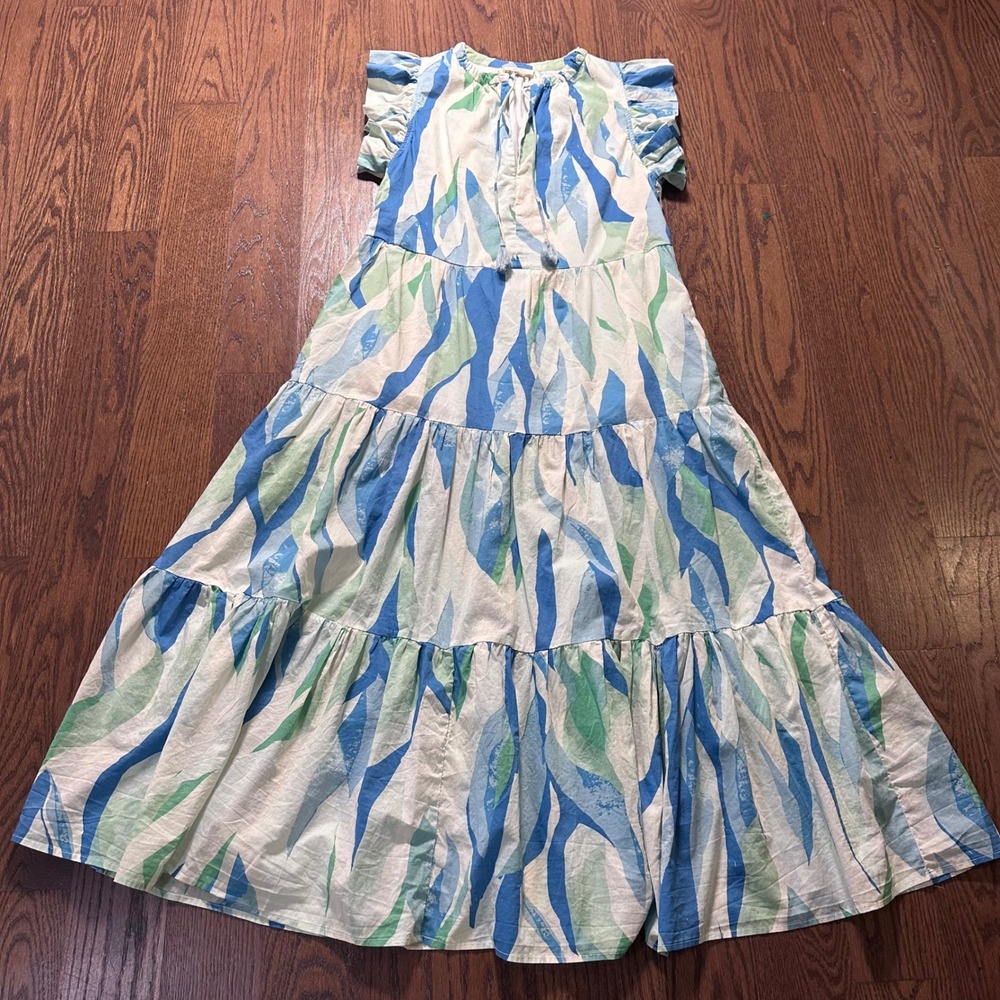 Elan Blue Green Abstract Leaf Print Tiered Cotton Maxi Dress VP5967 L